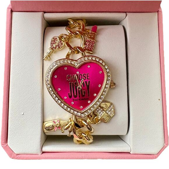 NIB JUICY COUTURE Gold Pink Rhinestone Heart Watch Charm Bracelet Crest Key GIFT - Picture 15 of 16
